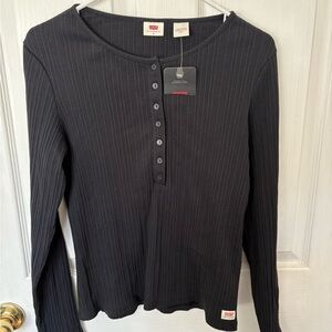 Levi's Black Ribbed Henley Long Sleeve Top
